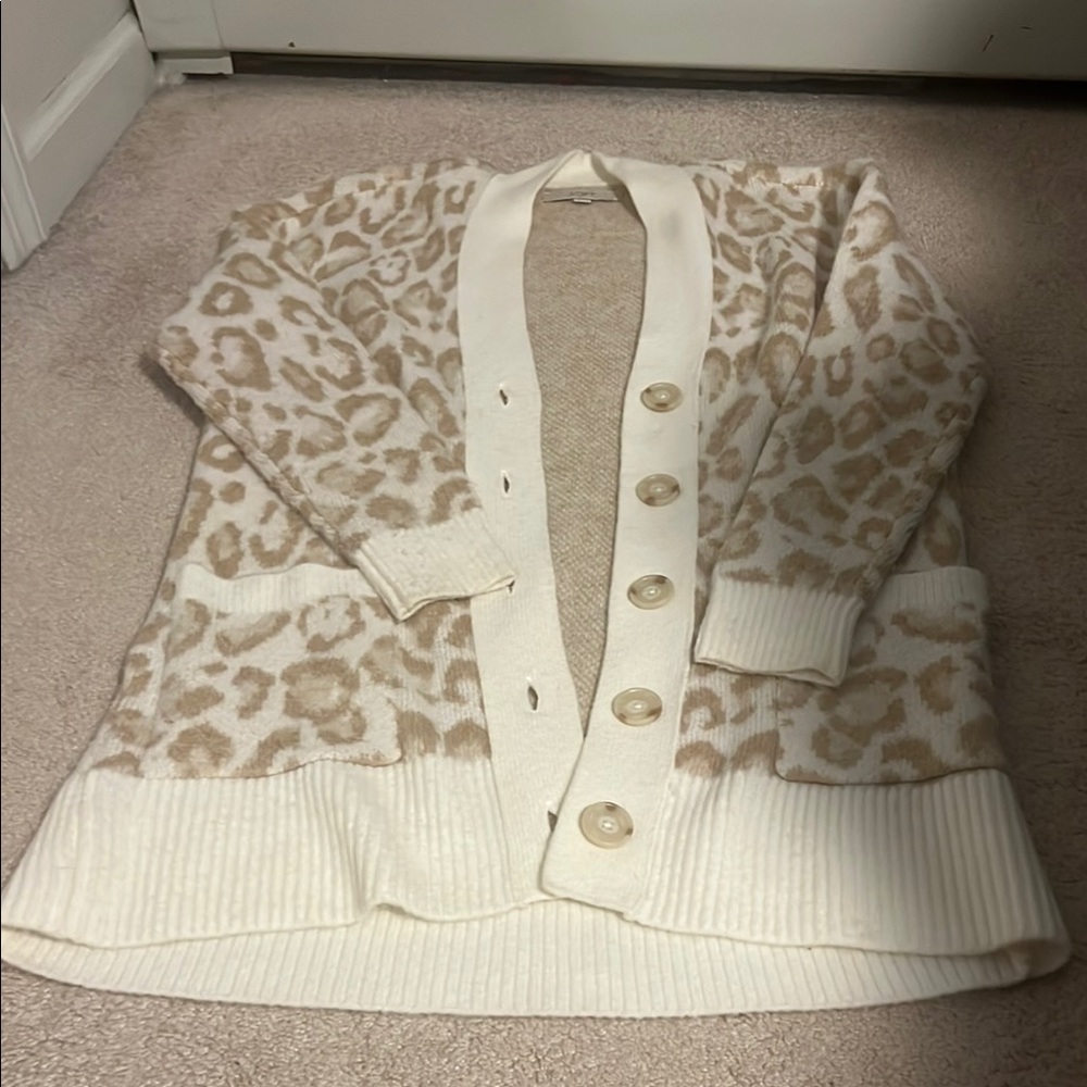 LOFT Cream and Tan Animal Print Cardigan